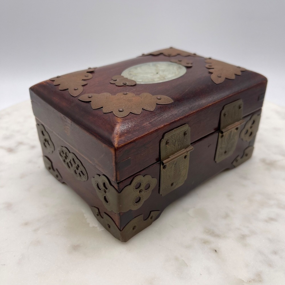 Vintage Chinese‎ Carved Inlay Jewelry Box Shanghai Blue Silk Wooden